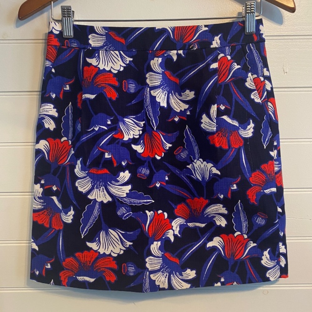 J. Crew Navy Blue and Red Floral Skirt